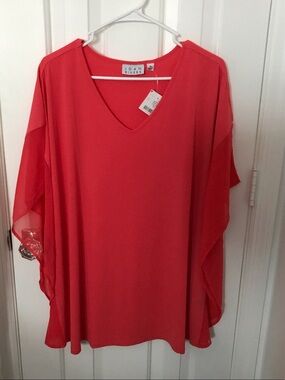Joan Rivers Coral V-Neck Sheer Sleeve Tunic